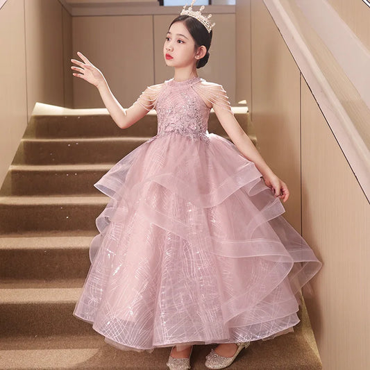 2025, Kinderkleider, Luxuspartys, rosa Neckholder, Geburtstagsfeier, elegantes Kleid für Mädchen, Prinzessinnenkleid, Host-Performance