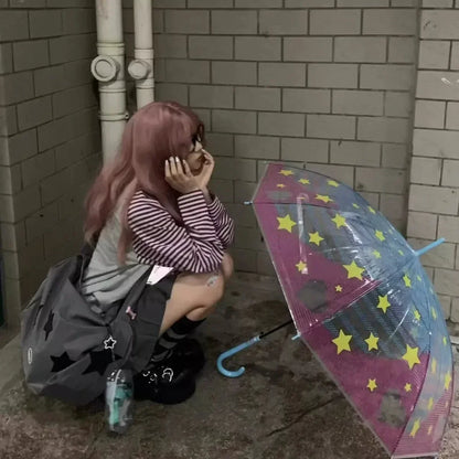 Japan Kawaii Sweet Women T-Shirt O-Neck Stripe Patchwork Long Sleeve Cartoon Print Loose Pullover Casual Cute Top Youth Vitality.