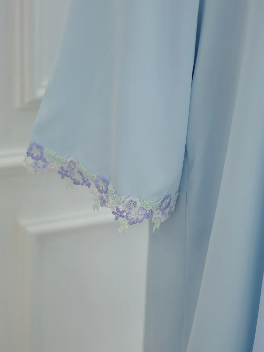 Muslim Women Dubai Abaya Bow Embroidery Blue Cardigan Long Dress Kaftan Ramadan Robe Femme African dresses Islam Clothing Kebaya.