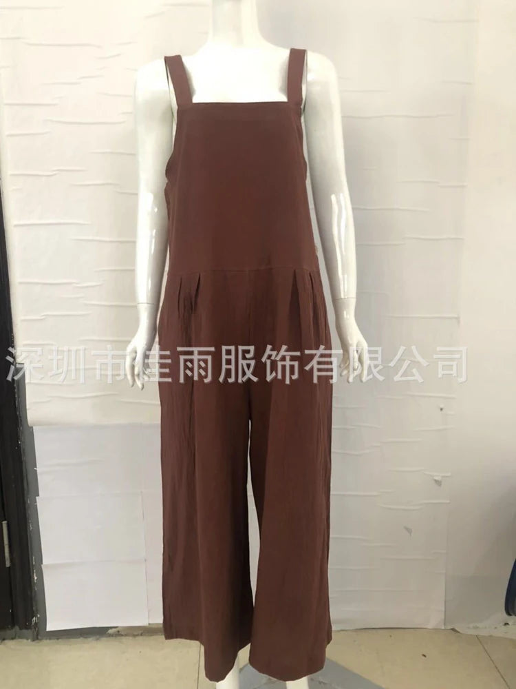 Women Cotton Linen Wide Leg Overalls Summer Fashion Off The Shoulder Sleeveless Solid Color Pocket Jumpsuits JYFS-8929.
