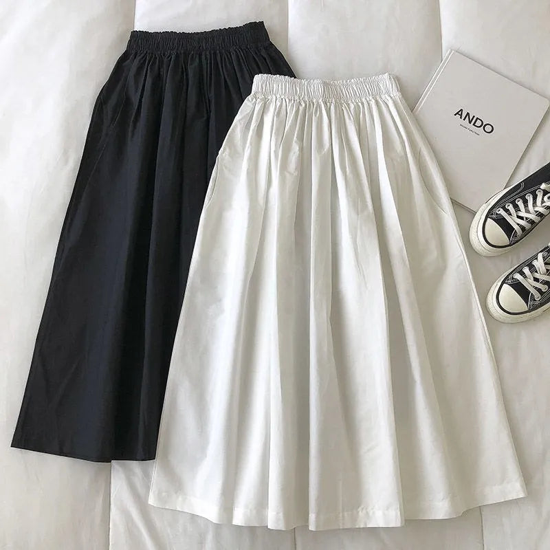 Women Black skirt midi High waist korean style Pleated a line Vintage Clothing 2025 new Summer Casual Fashion Ladies Work Wear.