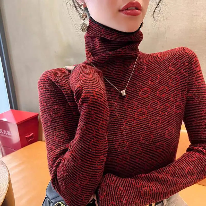 Frauen Kleidung Chic Gestreiften Schlank Rollkragen Pullover Herbst Winter Vintage Alle-spiel Lange Ärmel Stricken Pullover Büro Dame Tops