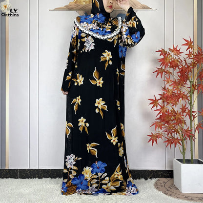 Muslim Ramadan Prayer For Women Long Sleeved Floral 2023Dubai Turkey Middle East Femme Loose Robe African Abayas Headscarf Dress.