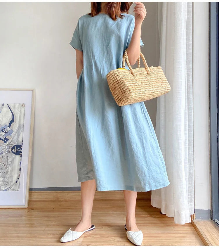 Fett mm Kleid Sommer einfarbig Baumwolle Damen mittellangen Rock lose dünne Kleider.