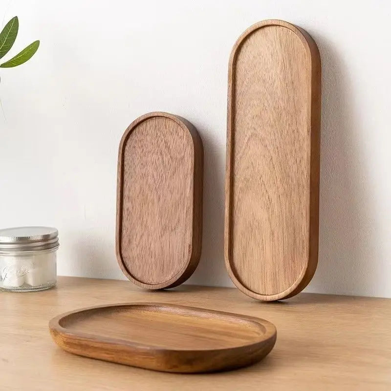 Japanese Acacia wooden tray rectangular dinner plate heat insulation solid wood grain oval bread.