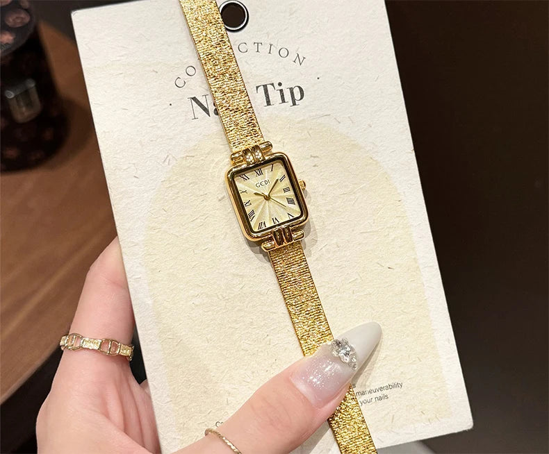 GEDI Gold Stainless Steel Quartz Watch Square Woman High-End Vintage Light Luxury Elegant Women's Wristwatches Gift.