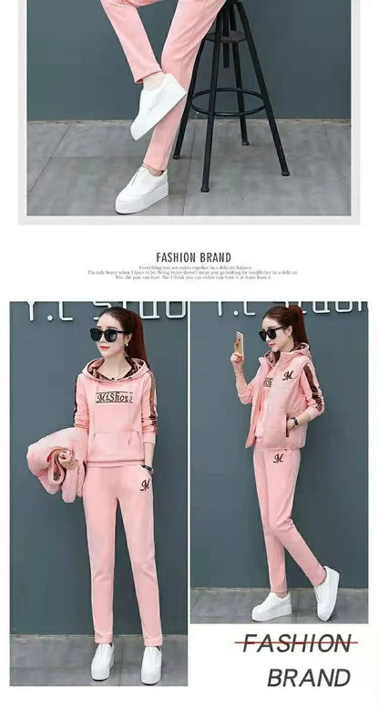 Winter 3 Pcs/Set Women Waistcoat Top Pants Set Letter Embroidery Ladies Winter Tracksuit Color Block Three-piece Sweatpants Set
