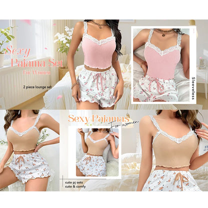 Frauen Pyjama Set Spitze Patchwork V-ausschnitt Nachtwäsche Sexy Nachthemden Anzug Leibchen Top Gedruckt Shorts Weiche Pyjamas Loungewear.