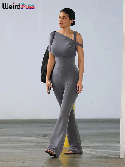 Weird Puss Irregular Knot Women 2 Piece Sets Stretch Casual Short Sleeve Tank Tops+Flare Pants Matching Outfits Slim Streetwear