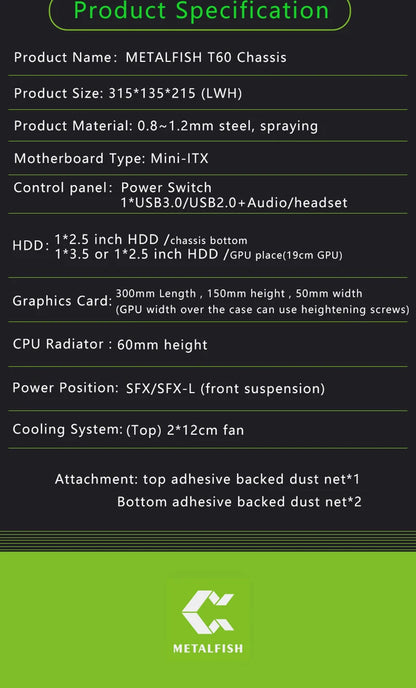 METALFISH T60 Mini ITX White Case 9L With Acrylic Or Mesh Side Panel and Portable Handle Support SFX PSU/300mm GPU/2*120mm Fan.