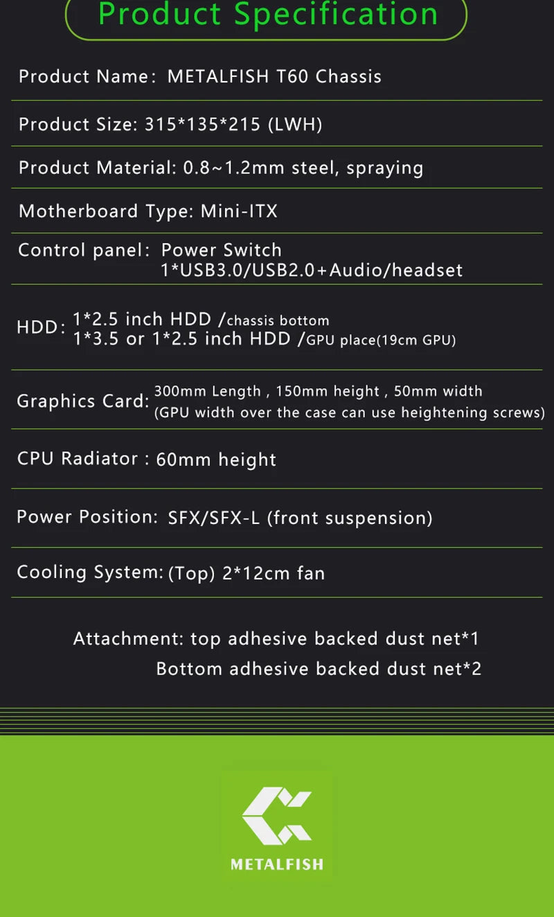 METALFISH T60 Mini ITX Black Case 9L With Acrylic Or Mesh Side Panel and Portable Handle Support SFX PSU/300mm GPU/2*120mm Fan