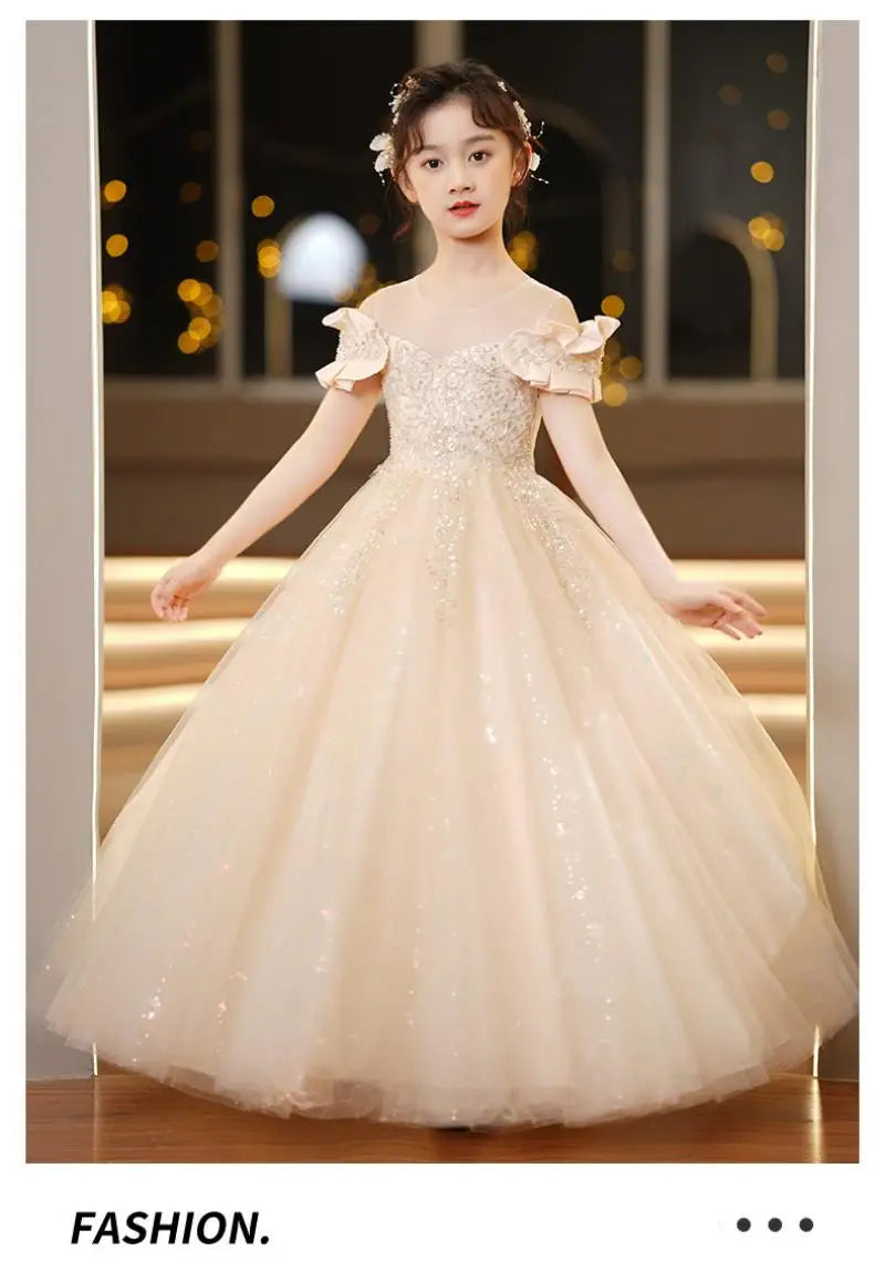 Neue Jugend Mädchen Prinzessin Mesh Kleid Hochzeit Blumen mädchen Kleid Schul wettbewerb Klavier lange Leistung Kleid für 3-12 Jahre