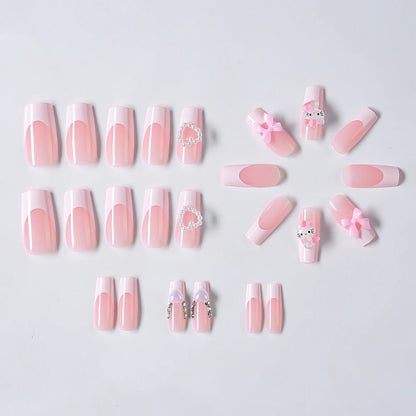 24Pcs Long Square Pink Hello Kitty False Nails French Wearable Full Cover Fake Nails Kitty Cat Bow Heart Design Press On Nails.