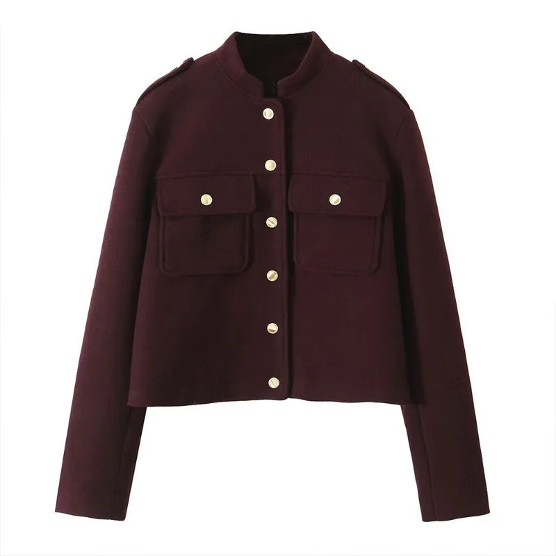 ZBZA Women's Retro Wine Red Cropped Jacket Stand Collar Long Sleeve Buttoned Epaulettes Patch Pocket Coat Fall Winter New Jacket