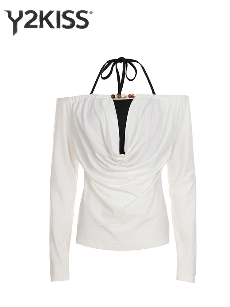 2025 Autumn Winter Women Korean Fake Two Pieces Slash Neck Top 2000s Long Sleeve T-Shirt Kpop Tees Y2k Design Coquette Gyaru New.