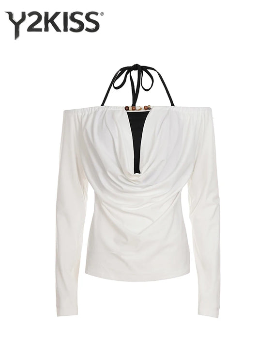 2025 Autumn Winter Women Korean Fake Two Pieces Slash Neck Top 2000s Long Sleeve T-Shirt Kpop Tees Y2k Design Coquette Gyaru New.