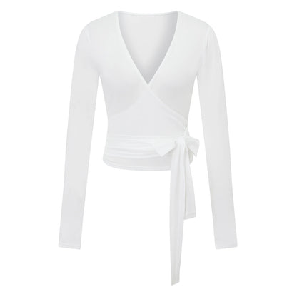 Solid Color Tie-Up Front V-Neck Long Sleeve Bottoming Shirt Women Fitness Yoga T-Shirts Seamless Workout Tops.