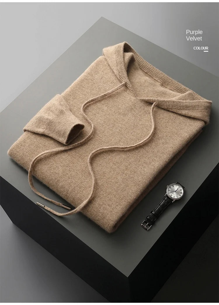100% Cashmere Sweater Men's Ready-To-Wear Hooded Knitted Pullover Autumn Winter Long Sleeved Sweater Casual Sports Hoodie Top