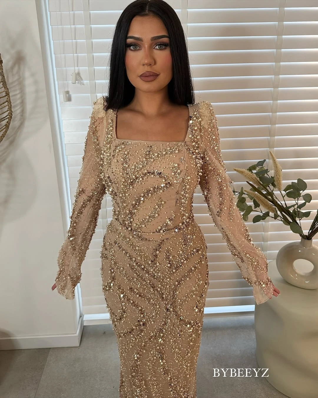 BABYONLINE Maßgeschneidertes Abendkleid All CoPearl Sleeve Full Crystals Etuikleid Abiye.