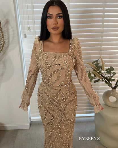 BABYONLINE Maßgeschneidertes Abendkleid All CoPearl Sleeve Full Crystals Etuikleid Abiye.