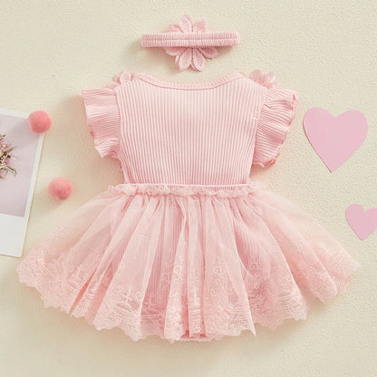 Visgogo Neugeborenen Baby Stram pler Kleid 2 Stück Outfits Mesh Spitze Patchwork Rüschen Bodysuit und Stirnband süße Sommerkleid ung