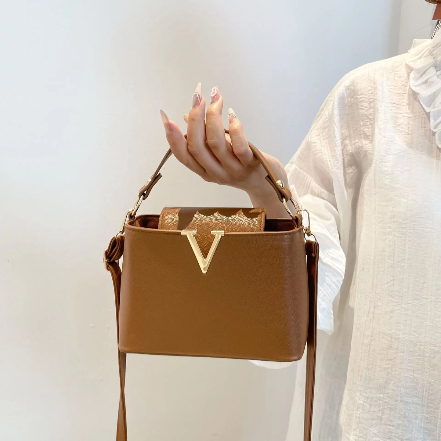 Luxury Women's Tote Bag, Chic V Shaped Stylish Pu Leather Bucket Bag, Top Cover Handbag Women Shoulder Crossbody Bag for Woman
