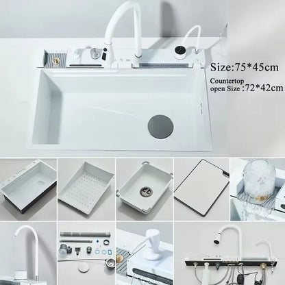 Stainless Steel Kitchen Sink with Hot Cold Pull Out Kitchen Sink Faucets Digital Large Single Bowl Waterfall Rain Kitchen Sinks
