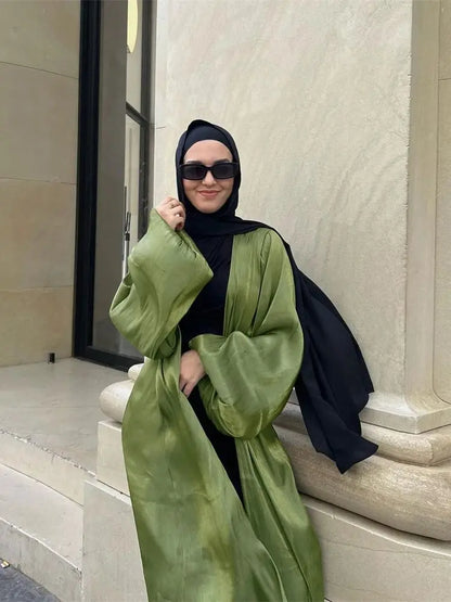 Ramadan Eid Open Satin Kebaya Abaya Dubai Luxury Kimono Kaftan Muslim Islam Dress Abayas For Women Caftan Robe Femme Musulmane.