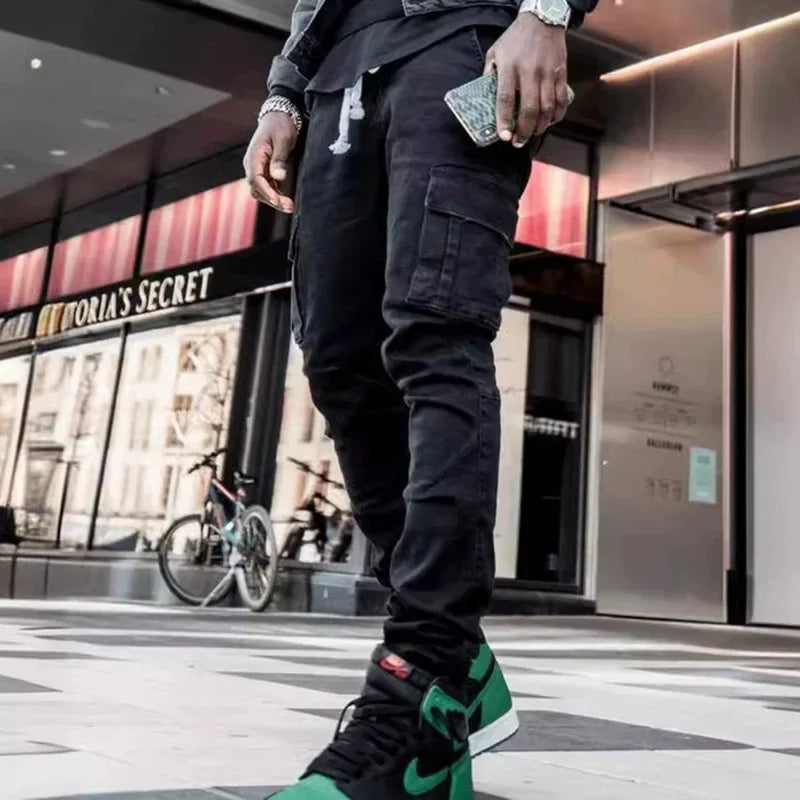 Men Casual Pencil Jeans Male Elastic Multi Pocket Small Slim High Street Denim Pants Wash Solid Color Mid Waist Cargo Jeans.