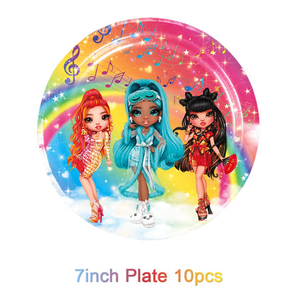 Cartoon Regenbogen Puppe High School Thema Hintergrund Geburtstag Party Dekoration Lieferungen Einweg Tasse Besteck Ballon Baby Geschenk