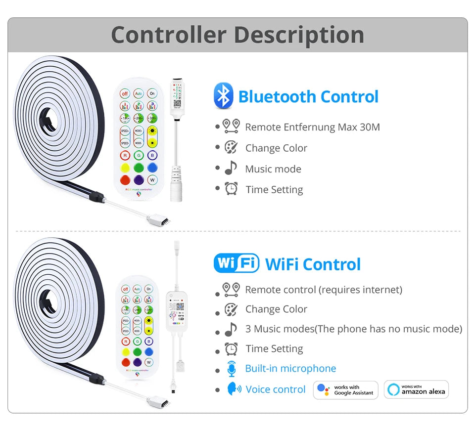 Tuya Smart WiFi LED Neon Light Strip 12V Black Silica Gel Tube RGB Bluetooth APP Neon Lamp Tape For Home Room Christmas Decor.