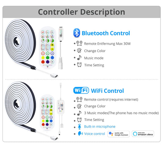 Tuya Smart WiFi LED Neon Light Strip 12V Black Silica Gel Tube RGB Bluetooth APP Neon Lamp Tape For Home Room Christmas Decor.