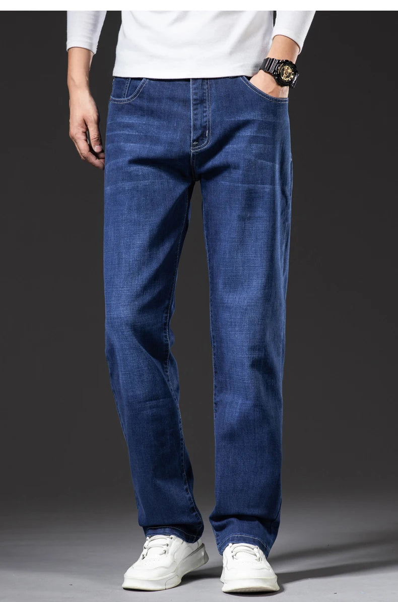 Große Größe 40, 42, 44, 46, lockere, gerade Jeans für Herren, Herbst, neue Business-Casual-Stretchhose, klassische blaue Denim-Hose für Herren.