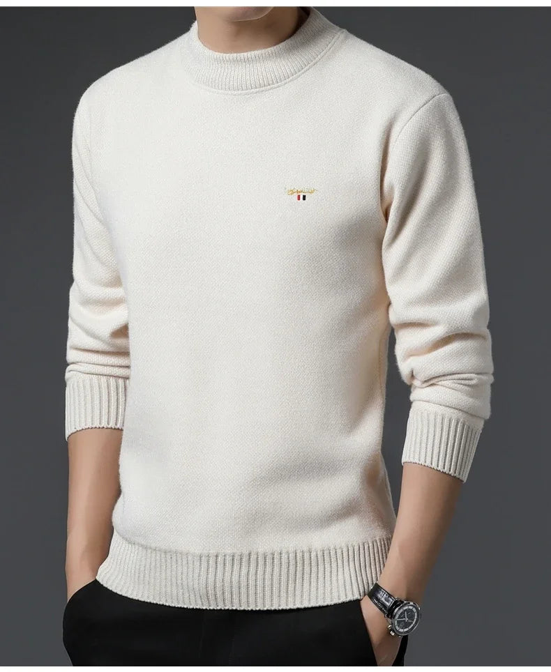Luxury high-end round neck sweater men's winter trend brand embroidered Korean version casual plush warm thick knitted pullover.