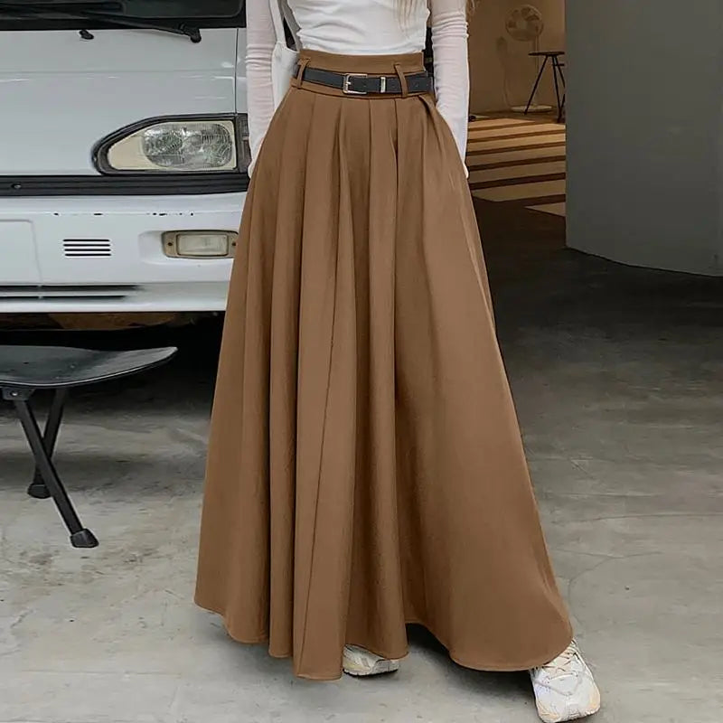 ZANZEA Women High Waist Jupe 2025 Autumn Vintage Office Falda Korean Fashion Pleating Swing Skirt Holiday Loose Solid Maxi Skirt.