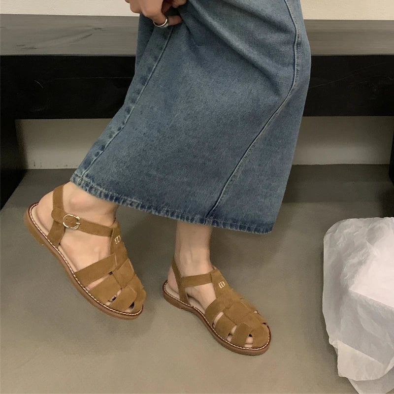 DIMANYU Women's Roman Sandals 2023 Summer New Flat Retro Real Leather Ladies Sandals Hollowed Women's Cage Shoes.