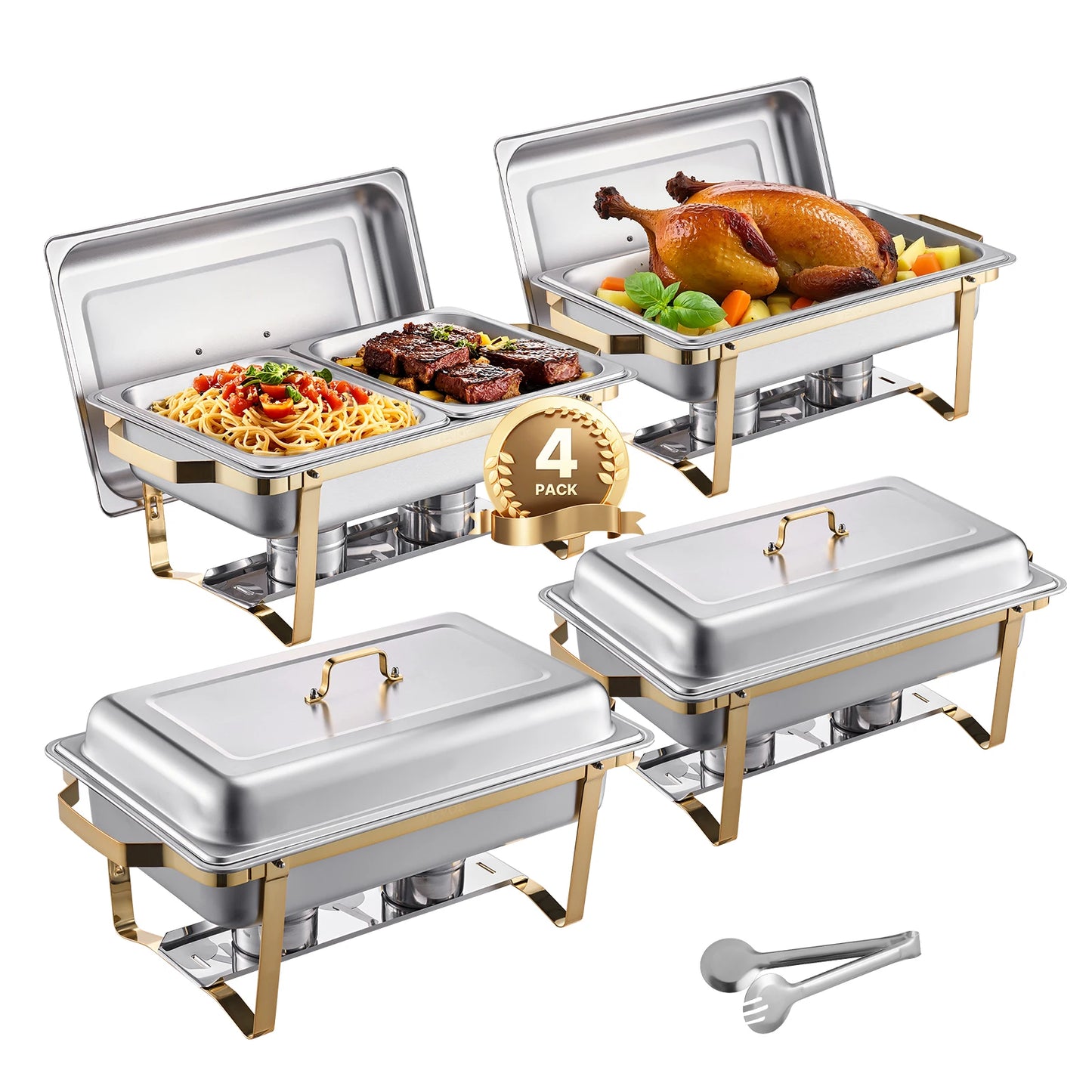 SucceBuy 8 Qt 4 Pack Chafing Dish Buffet Set Stainless Steel Chafer with 2 Full Size and 4 Half Size Pans Catering Warmer Server.