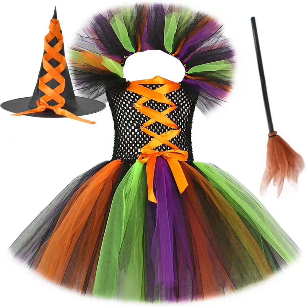 Halloween Malefice Kostüm für Kinder Karneval Party Kleidung Set Hexe böse Königin Cosplay Kostüm für Mädchen Phantasie Tüll Tutu Kleid