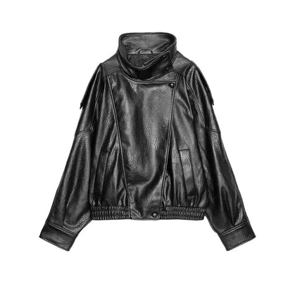 Street PU Leather Loose Jacket Women Fashion Solid Full Sleeve Stand Collar Single Breasted Coats Female 2025 Autumn Lady Coat