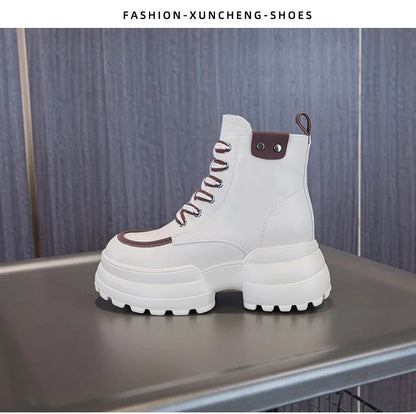 WOIZGIC Women Ladies Mother Genuine Leather Ankle Boots Shoes Lace Up Increase Inside British Style Autumn Winter Plush Fur Warm.