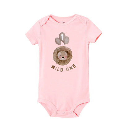 Wild One & Lion Muster druck Baby Stram pler lässig Kurzarm Geburtstag Baby Bodysuit ersten Geburtstag Sommer Junge Kleidung.