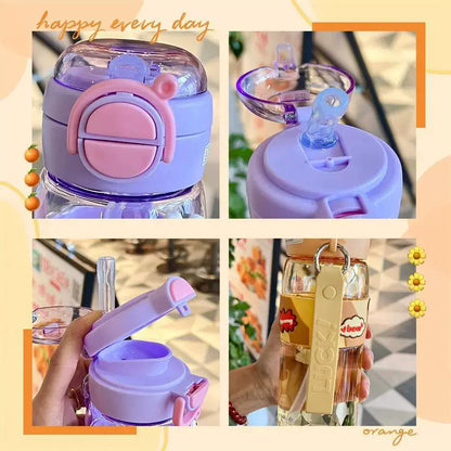 600ml School Girls Cute Water Bottle with Straw for Kids Chilrdren Sports Outdoor Cup.