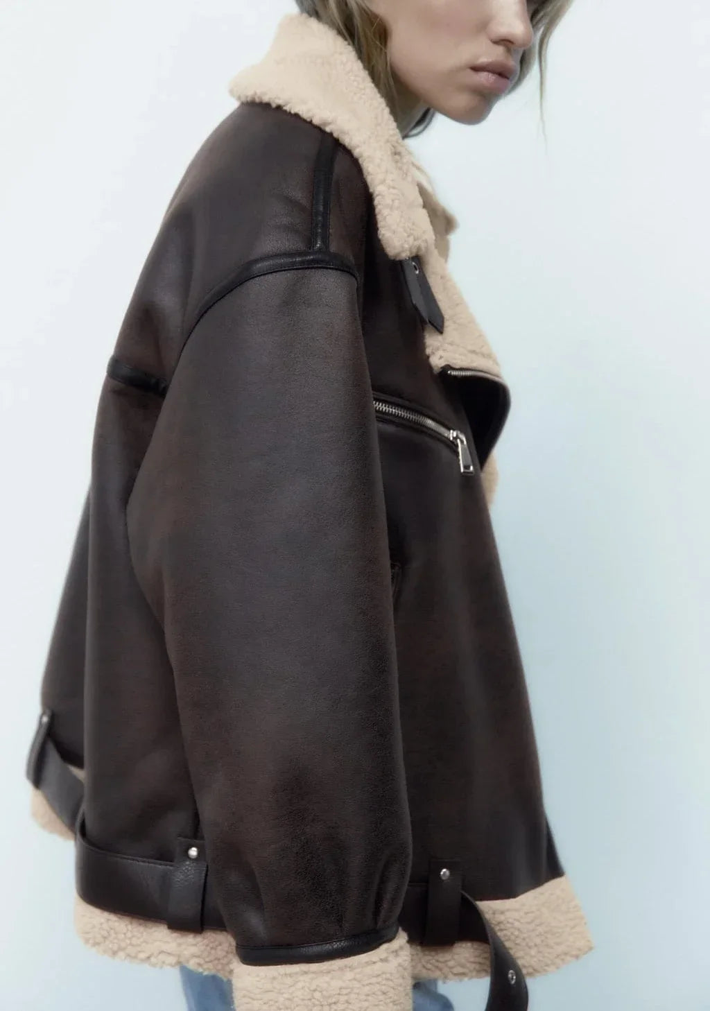Frau dicke warme doppelseitige Faux Shear ling Jacke Herbst Winter neue Revers Langarm Gürtel Saum Reiß verschluss weibliche Oberbekleidung