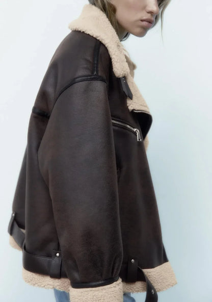 Frau dicke warme doppelseitige Faux Shear ling Jacke Herbst Winter neue Revers Langarm Gürtel Saum Reiß verschluss weibliche Oberbekleidung