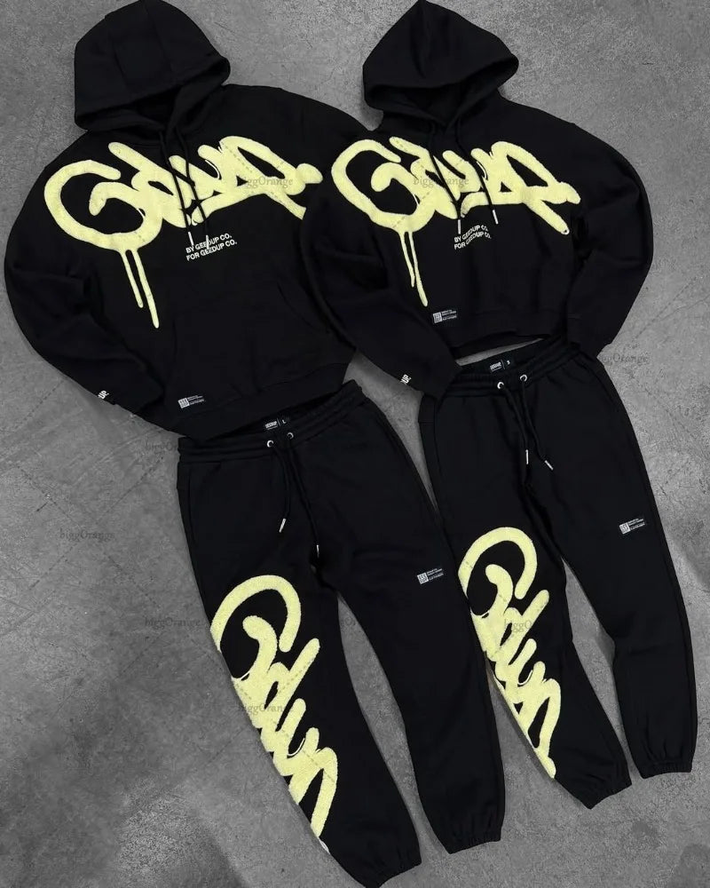 Black Purple Men Clothing Sports Set American New Letter Oversized Hoodies Street Hip Hop Retro Loose Sport Pants.