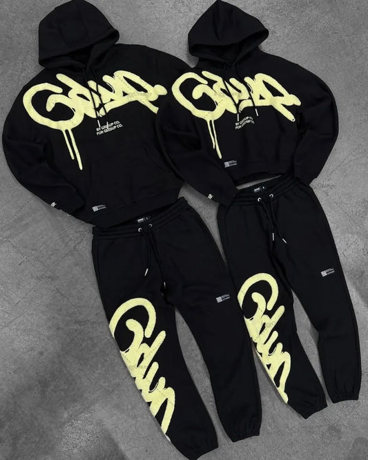 Black Purple Men Clothing Sports Set American New Letter Oversized Hoodies Street Hip Hop Retro Loose Sport Pants.