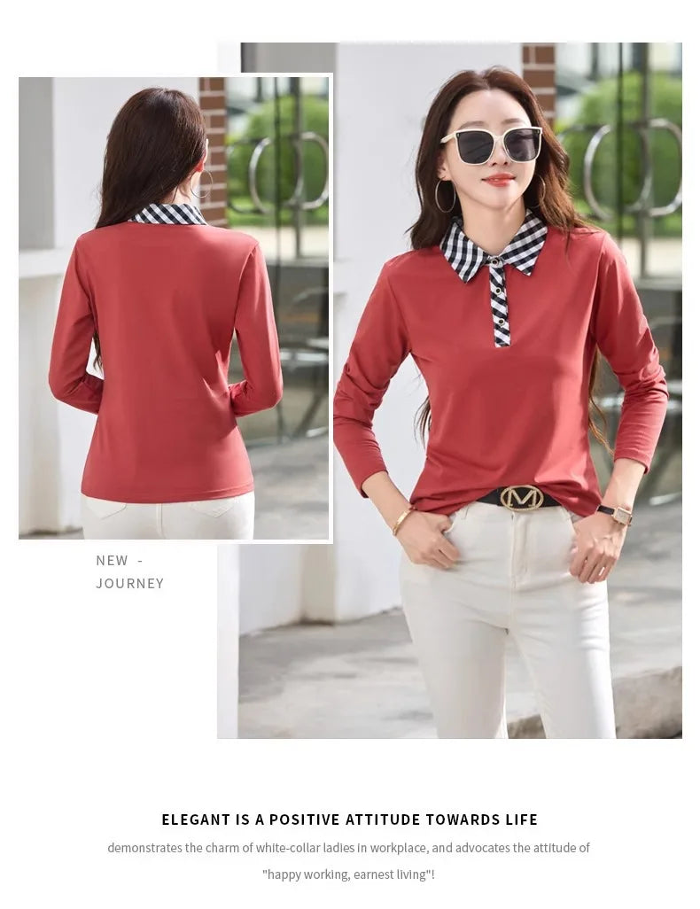 European station lapel long sleeved t-shirt women's new high-end fashion light luxury casual plus size spring and autumn top