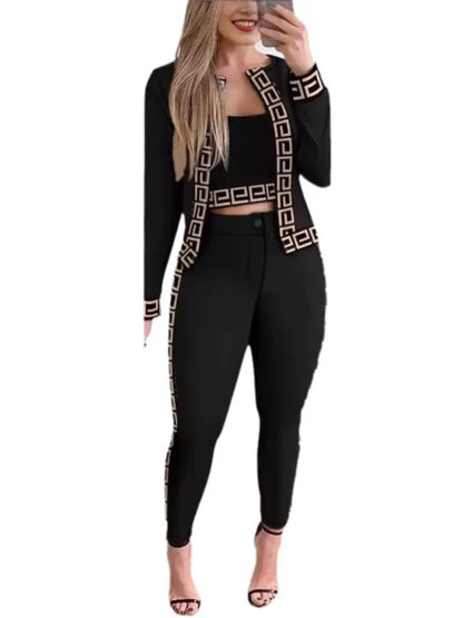 Trend Print Pants Sets Women Fashion Long Sleeve Coat Camisole Slim Trousers Three Piece Set Female Spring Autumn New Streetwear.