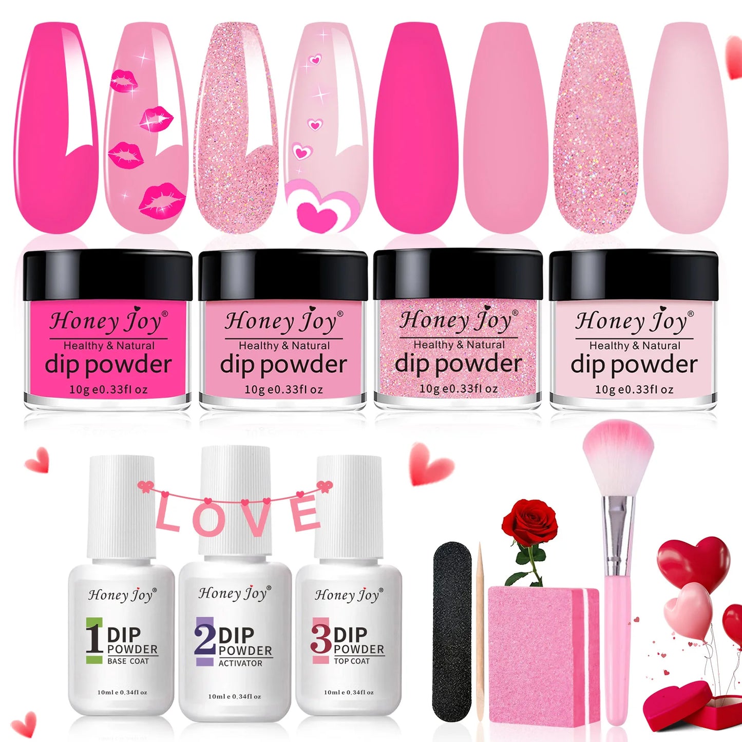 Dip Nails Powder Kit Acrylic Dipping Powder Set with Base Top Coat Activator for French Nail Art Manicure Salon DIY Gift No UV.