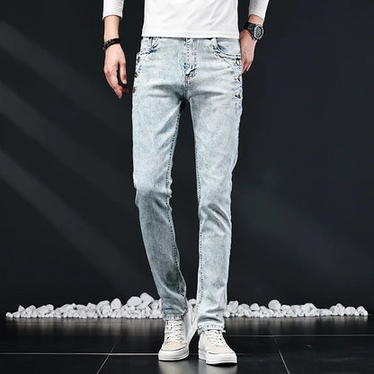 Slim Skinny Jeans Men New Elastic Korean Design Fashion Multi-Button Blue White Vintage Wash Cotton Stretch Denim Pants Trousers.